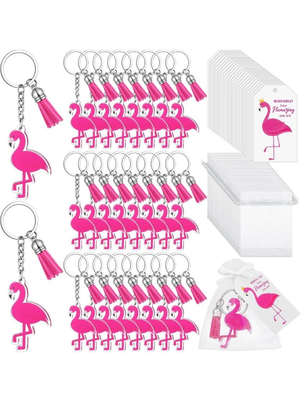 24 Pink Flamingo Keychains Set - Cute Gifts for Women, Party Favors